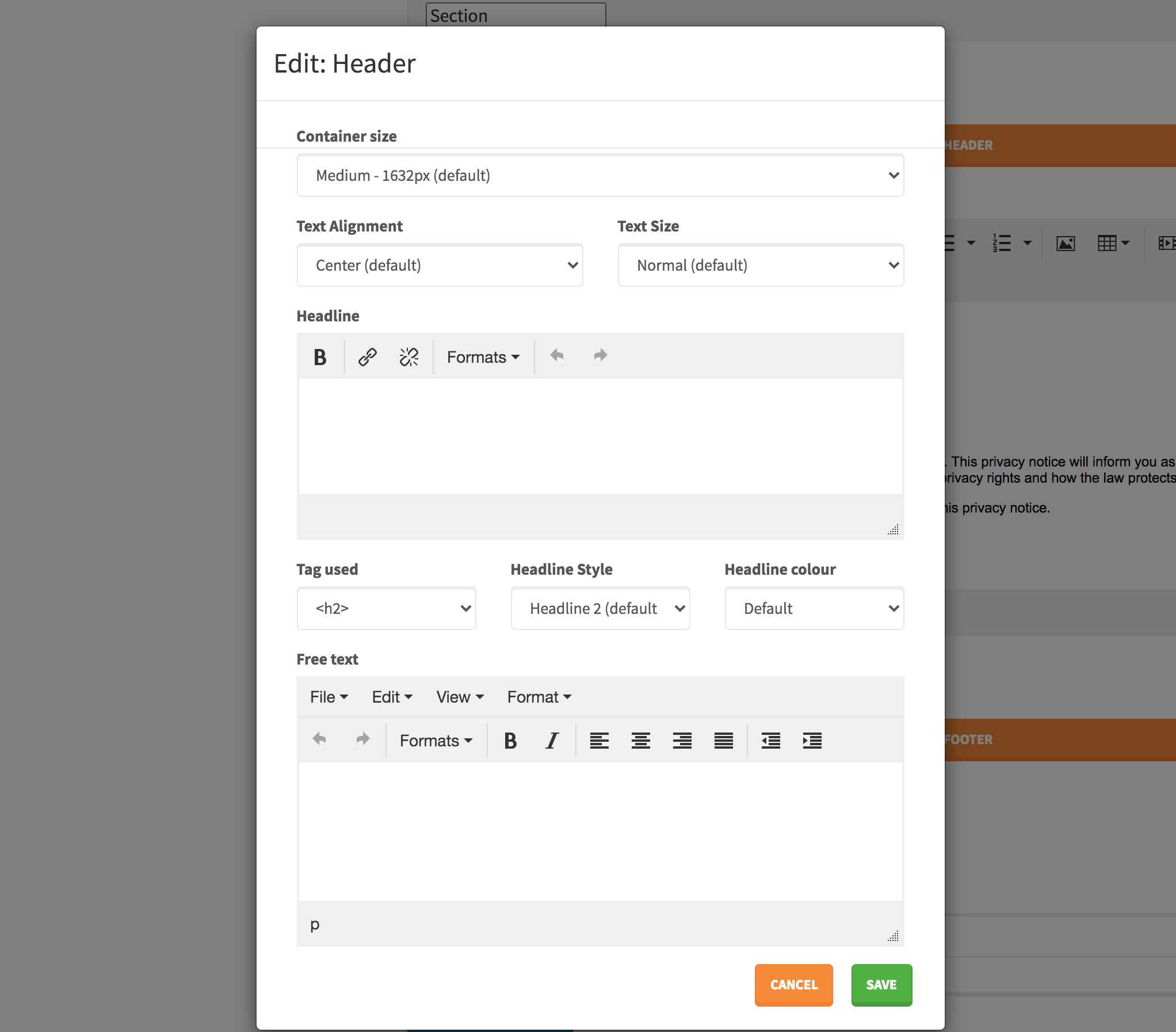Microcomponent: header/footer of section - settings popup example