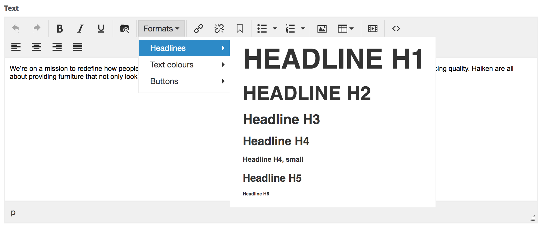 TinyMCE headline sizes